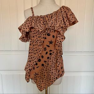 Asymmetric Ruffled Seashell & Starfish Print Top